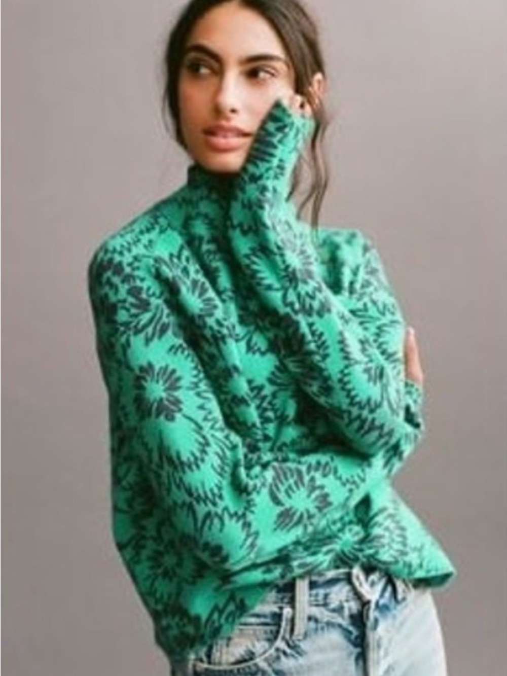 Maeve Anthropologie Floral Mock Neck Sweater XS Green Navy Cropped Knit